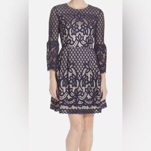 GUC Eliza J navy blue lace over nude bell sleeves dress Size 2
